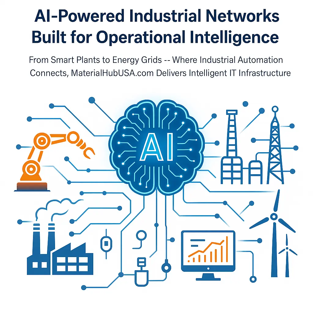 Where MaterialHubUSA.com IT Artificial Intelligence (AI) Meets Industrial Intelligence (IA) At MaterialHubUSA.com, we architect intelligent IT infrastructure engineered to power real-time industrial ecosystems — combining field-tested automation protocols, AI-based monitoring, and cyber-physical security. Intelligent Networks for Critical Industrial Operations At MaterialHubUSA.com, industrial networking is treated as an execution control layer, not just connectivity. We combine industrial protocols, AI-assisted monitoring, and cyber-physical security to ensure deterministic performance, resilience, and operational visibility across harsh and regulated environments. Industrial Capabilities Includes: Office / Building Cabling Network setup Datacenter Cabling / Network Setup Network gear like; Routers, Switches, Load Balancers, VPN Setup / Configuration Deterministic Ethernet for time-sensitive production lines Secure VLANs for segregated SCADA/MES/HMI zones AI anomaly detection across Modbus, ProfNet, OPC-UA Edge-to-core traffic analysis for predictive maintenance Hardened network enclosures for corrosive & explosive zones Industrial IT Network Services, Industrial Ethernet Architecture, Secure SCADA Networks, OT IT Convergence, AI Industrial Networking, Utility Network Infrastructure, Manufacturing Network Design, EPC Network Services, Industrial Cybersecurity, Datacenter Network Operations